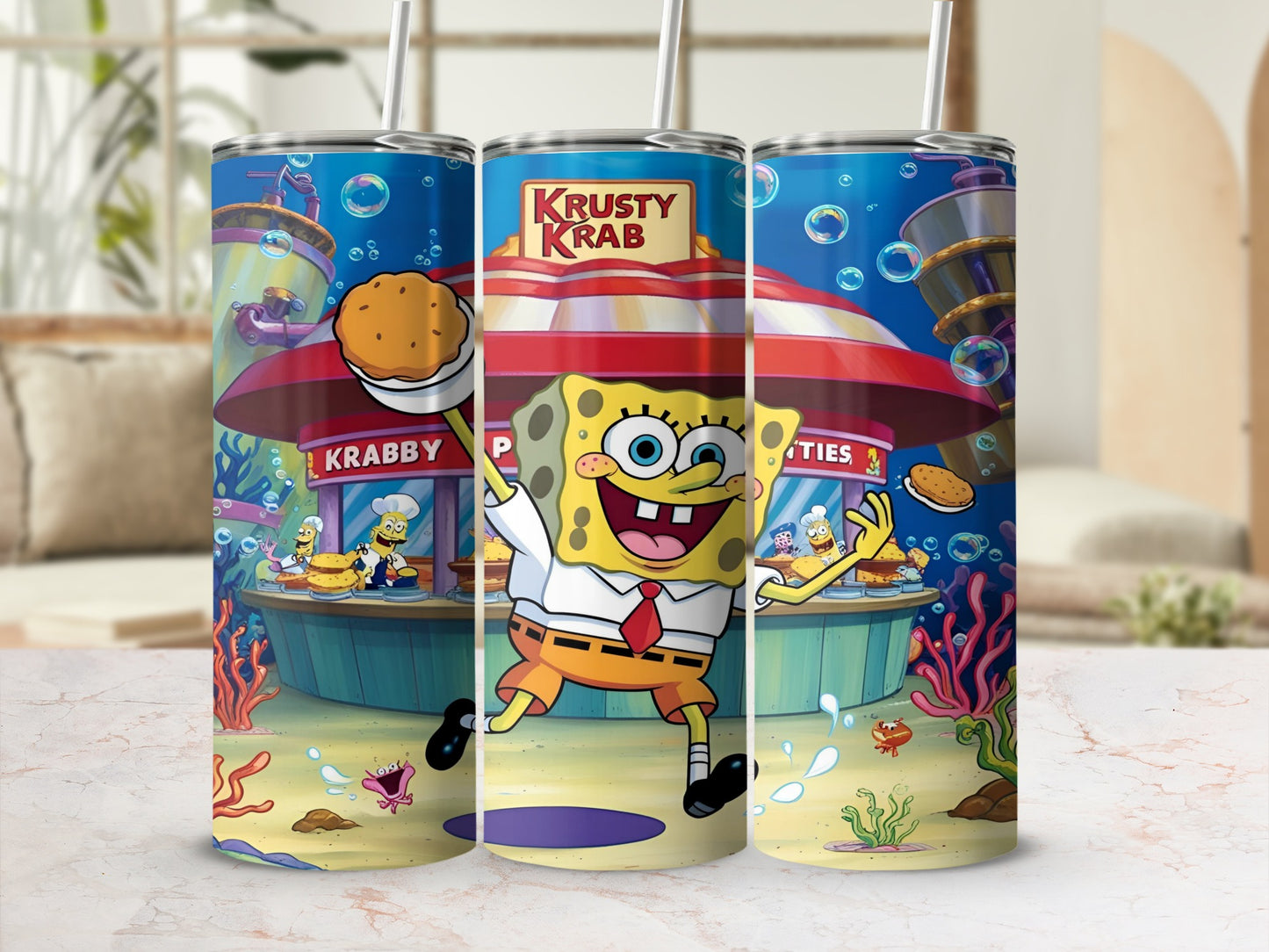 SpongeBob SquarePants holding a Krabby Patty outside the Krusty Krab restaurant.