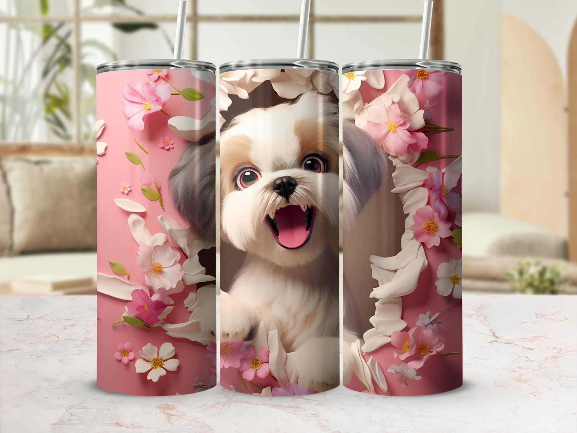 Joyful Puppy Pink Floral Layered Design Tumbler product type