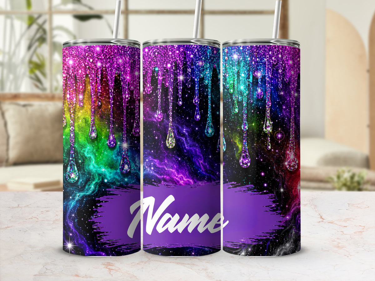 Three tumblers with rainbow glitter drips on a starry galaxy background.