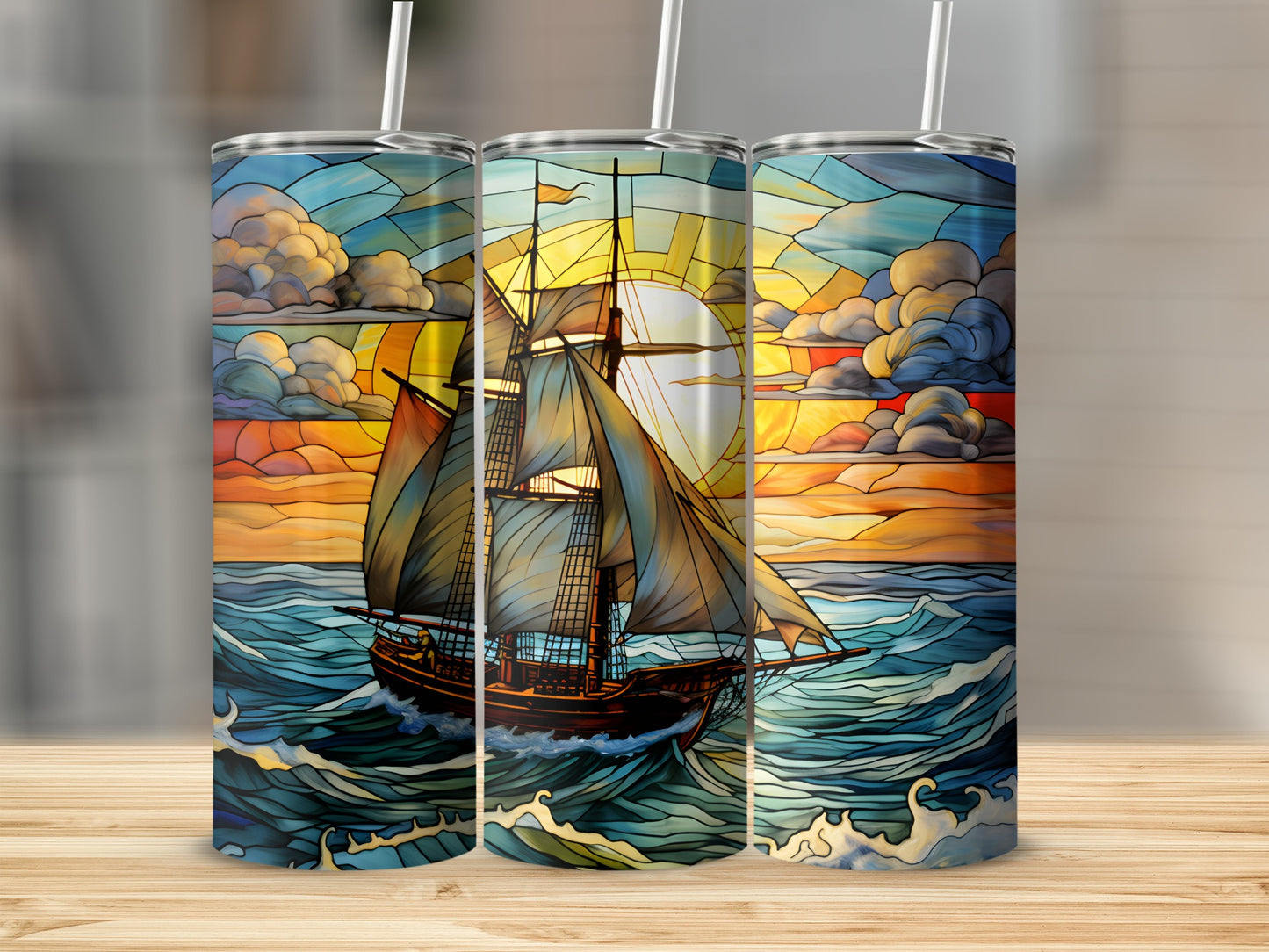Stained glass sailboat on ocean at sunset, sunlight behind clouds.