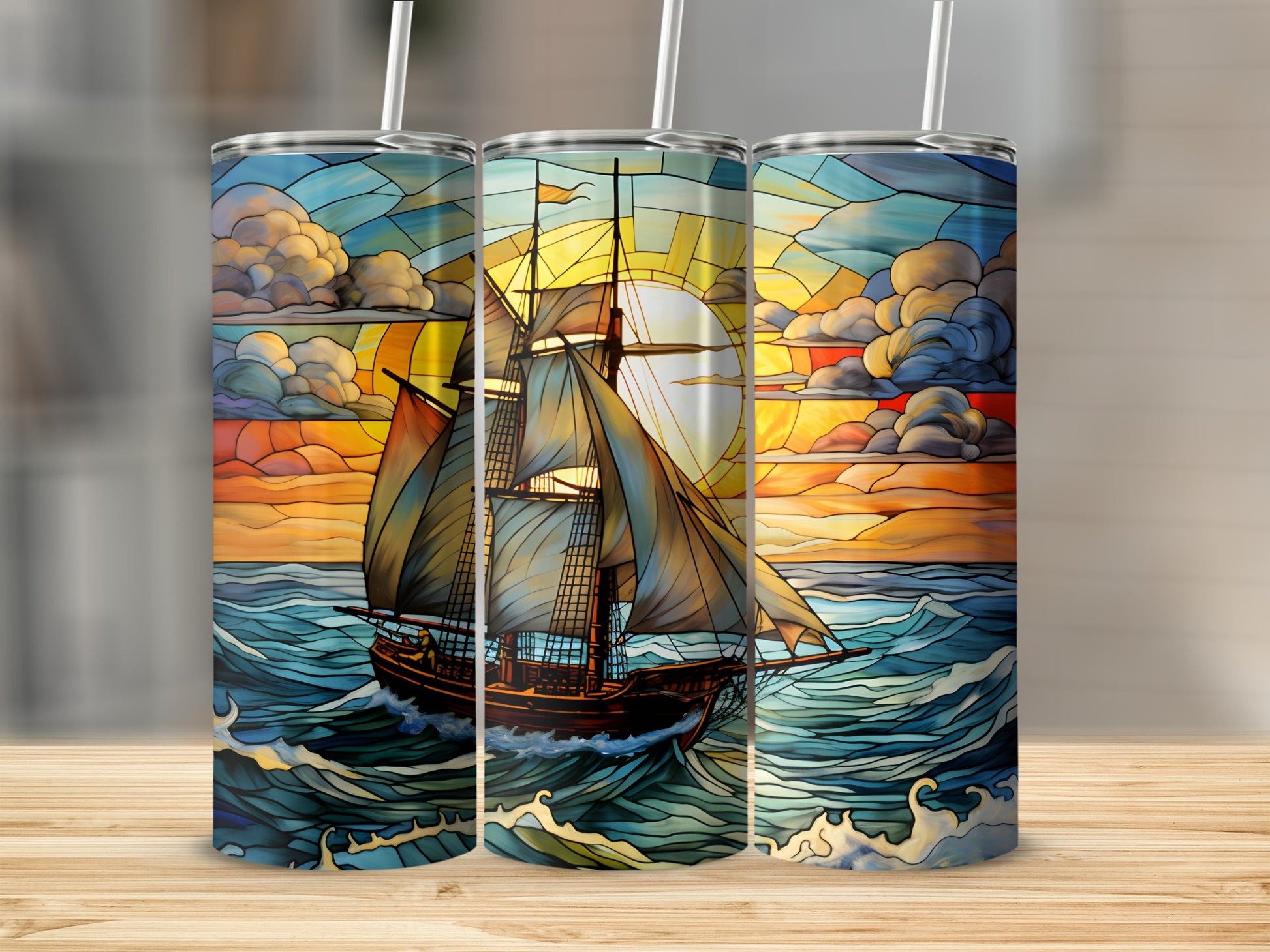 Stained glass sailboat on ocean at sunset, sunlight behind clouds.
