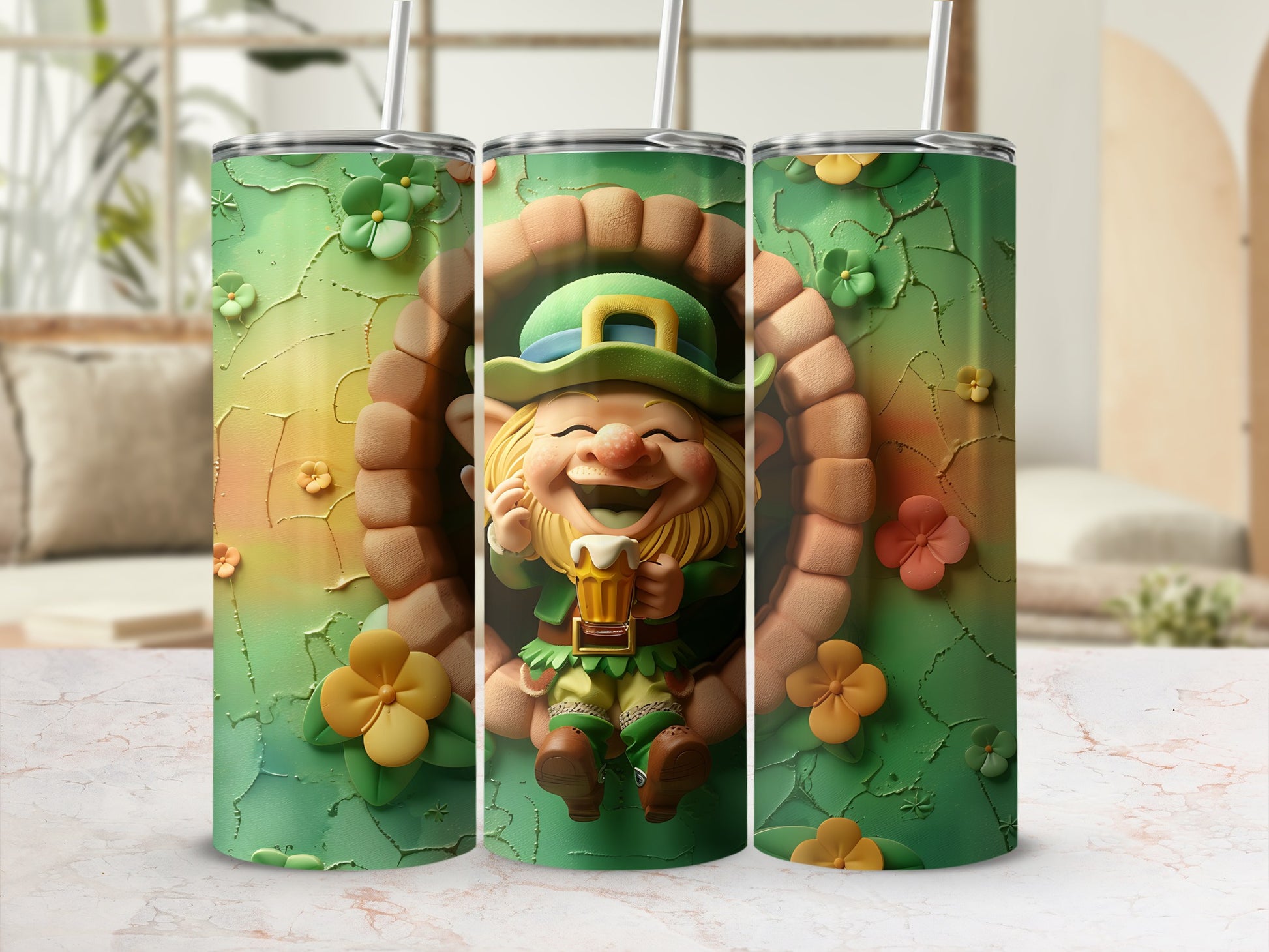 Three tumblers with a St. Patrick's Day leprechaun design.