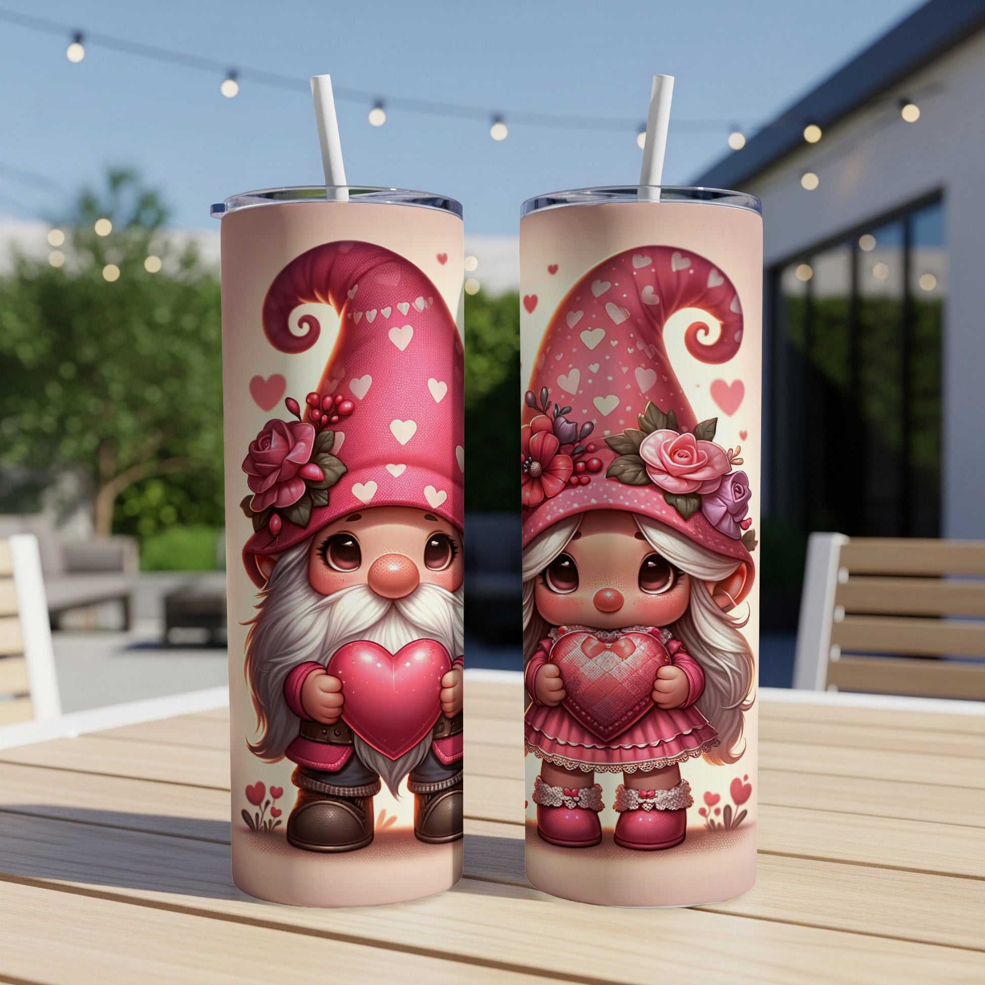 Two Valentine's Day gnomes holding pink hearts, against a blurred backyard background.