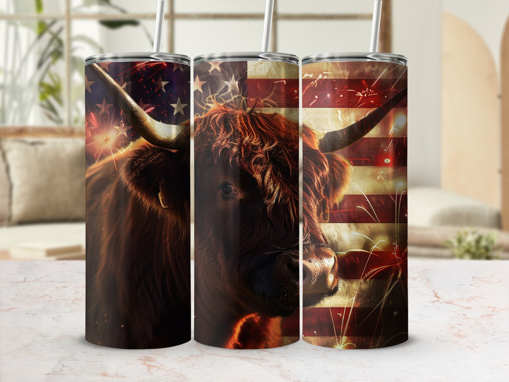 Highland cow with American flag and fireworks design on three tumblers.