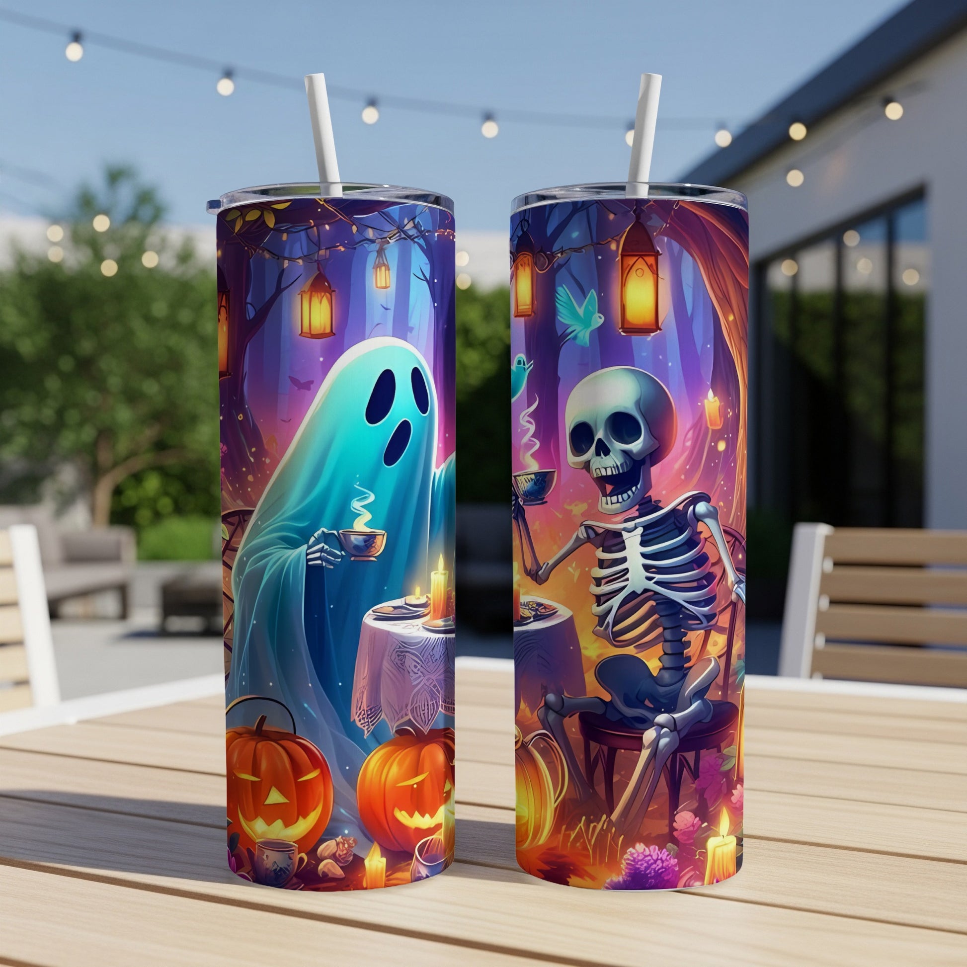 Two Halloween-themed tumblers featuring a ghost and skeleton sharing drinks with pumpkins and lanterns.