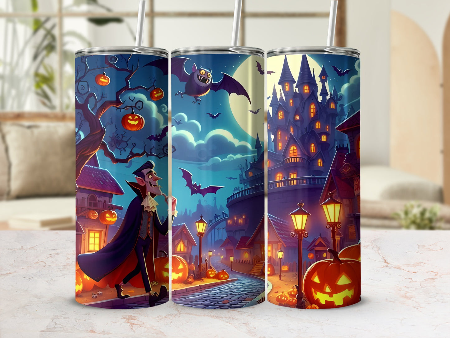 Halloween themed tumbler featuring a vampire, spooky castle, bats, and pumpkins.