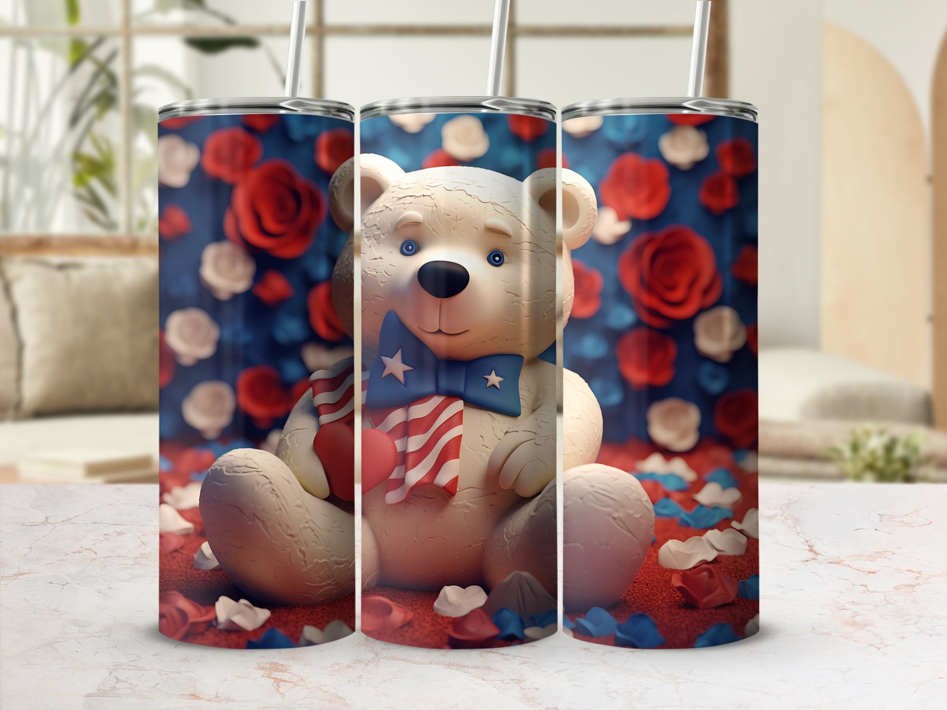 Teddy bear in flag bowtie holding a heart, surrounded by roses.