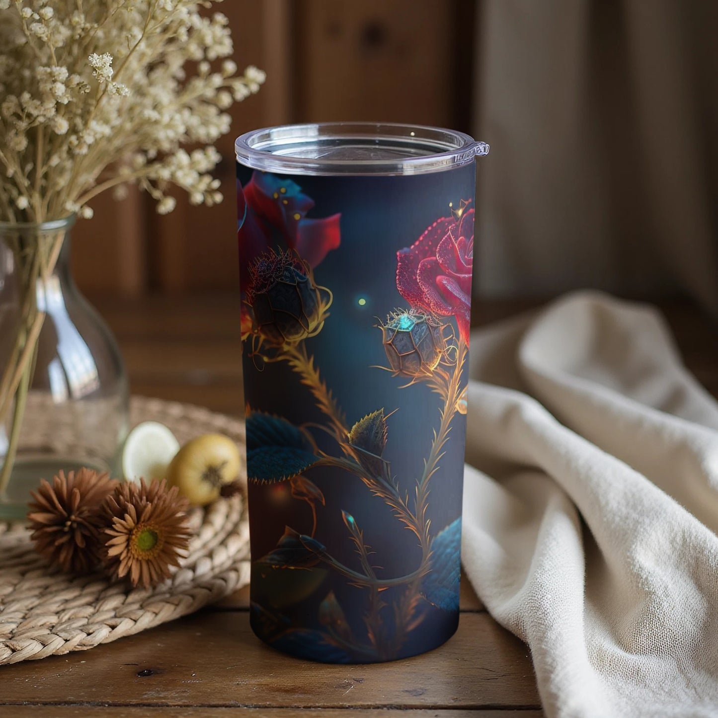 Floral Design Tumbler with Colorful Rose Artwork
