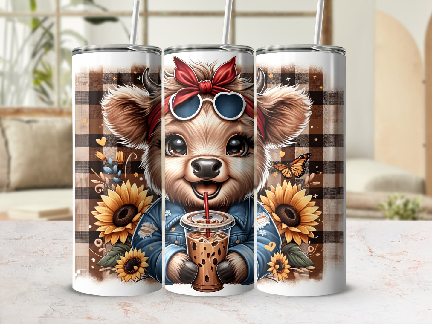 Cute cow with sunglasses and sunflowers holding a coffee cup.