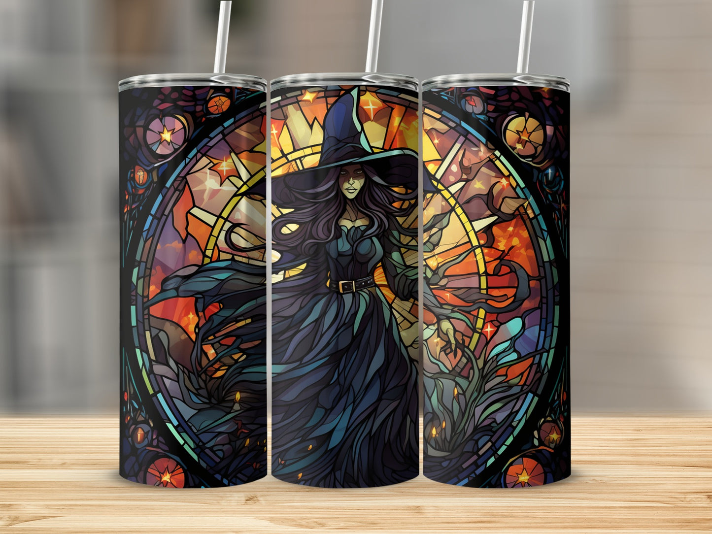 Witch with stained glass background on tumbler design.