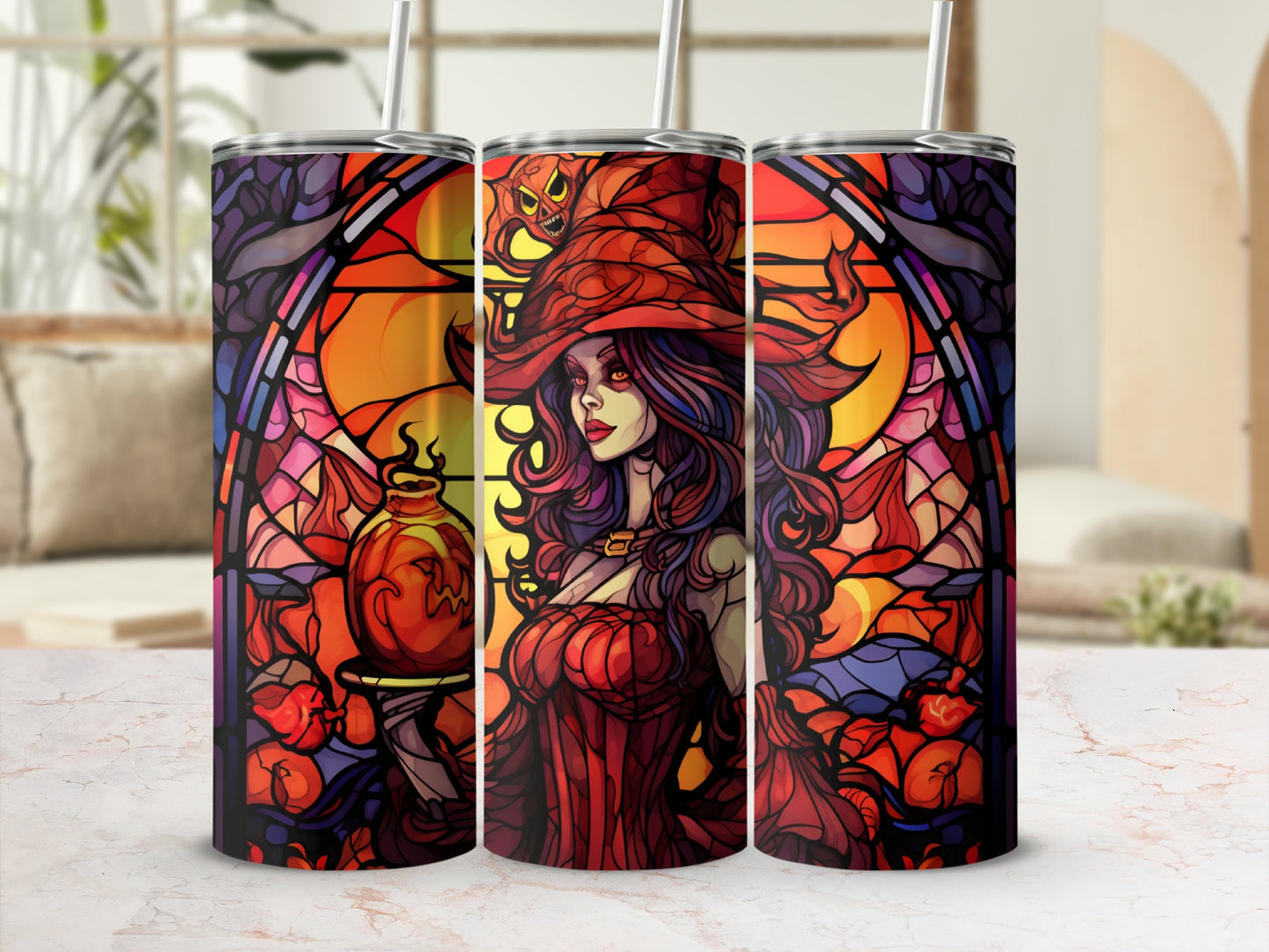 Three tumblers feature a stained-glass style witch holding a jack-o'-lantern.