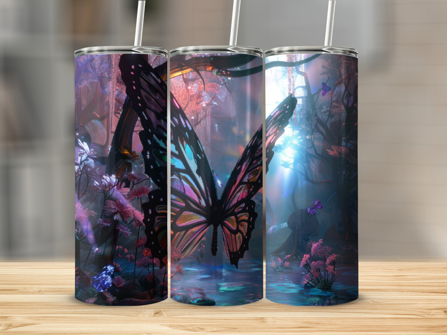 Magical forest scene with large butterfly and glowing plants.