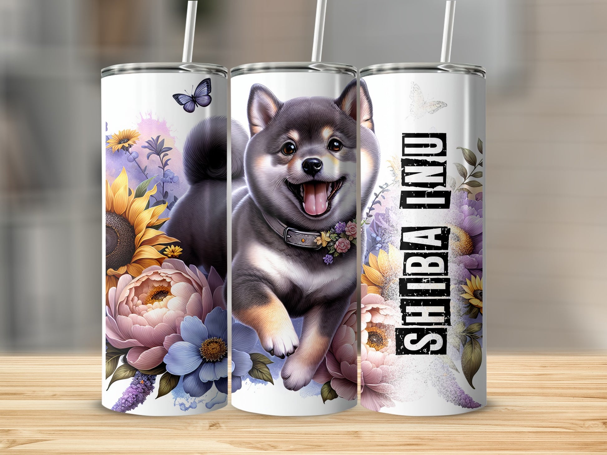 Shiba Inu tumbler with floral accents and butterfly, "SHIBA INU" text.