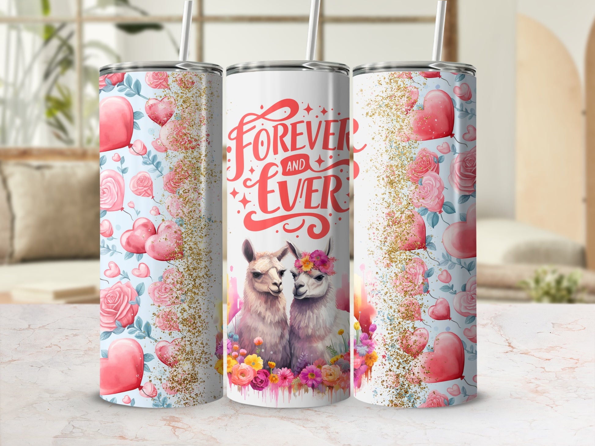 Forever and Ever Llama Hearts Glitter Patterns Tumbler