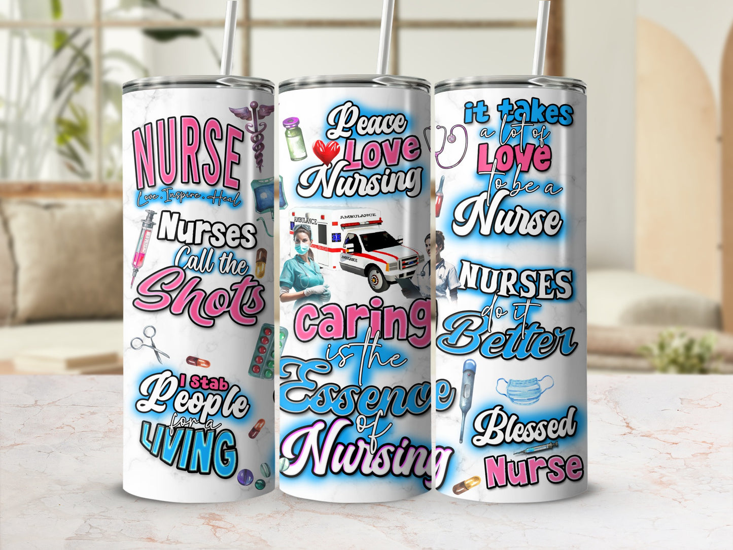 Nurse-themed tumbler with medical symbols and inspirational text.