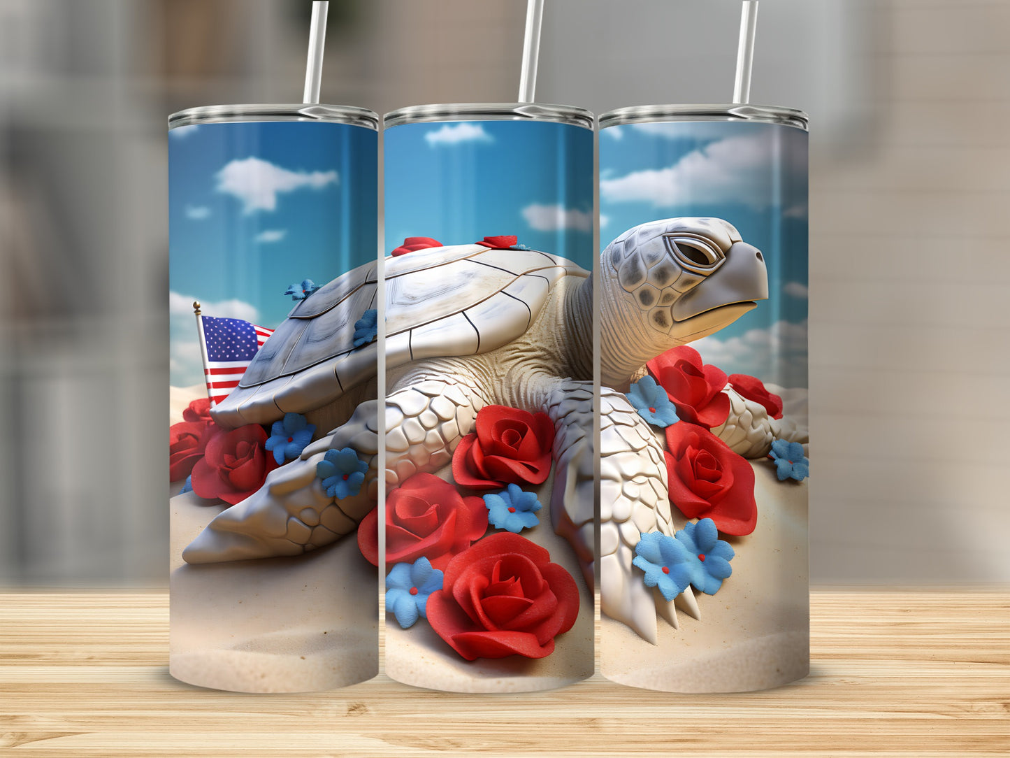 White sea turtle with red roses and blue flowers on a sandy beach with American flag.