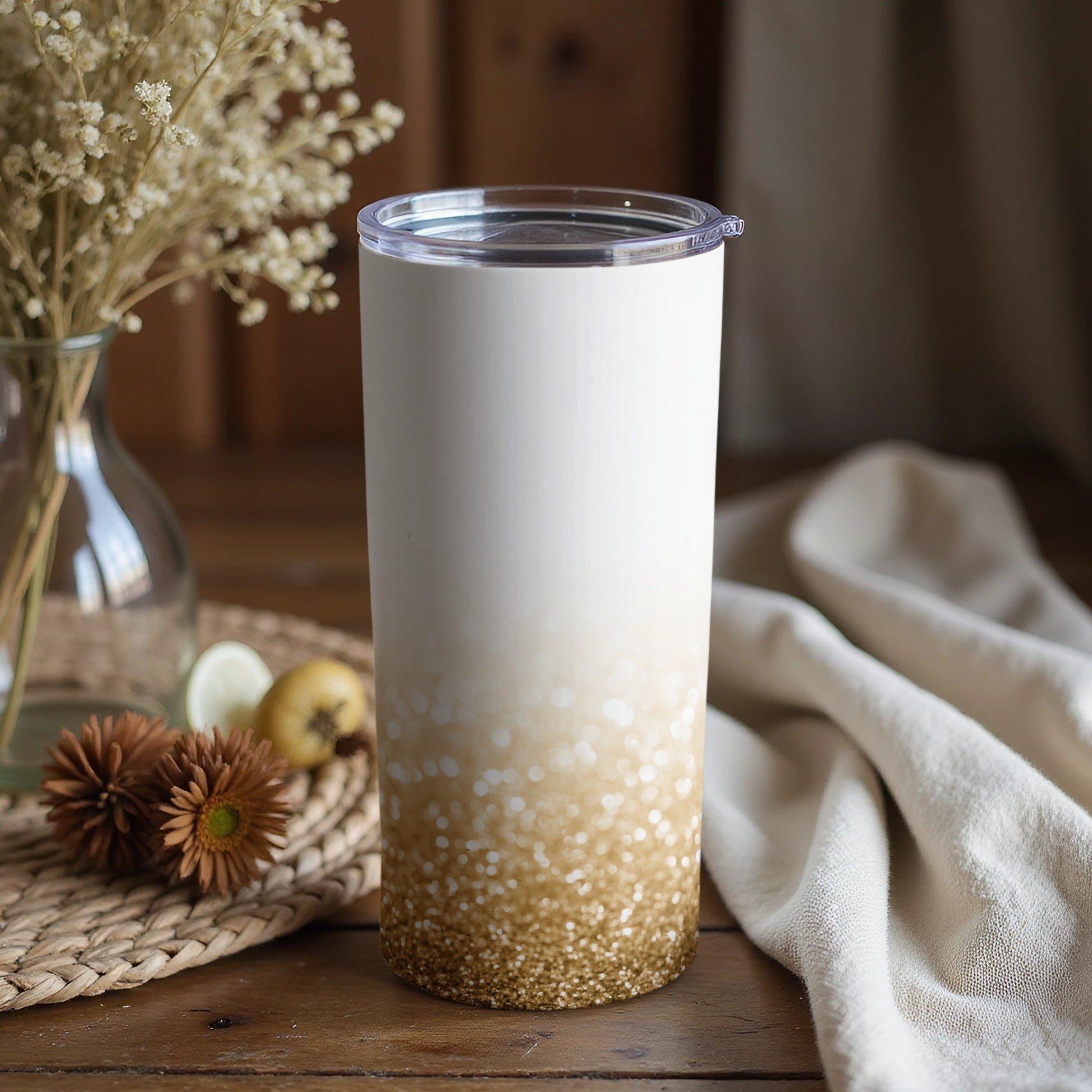Elegant White and Gold Glitter Gradient Tumbler
