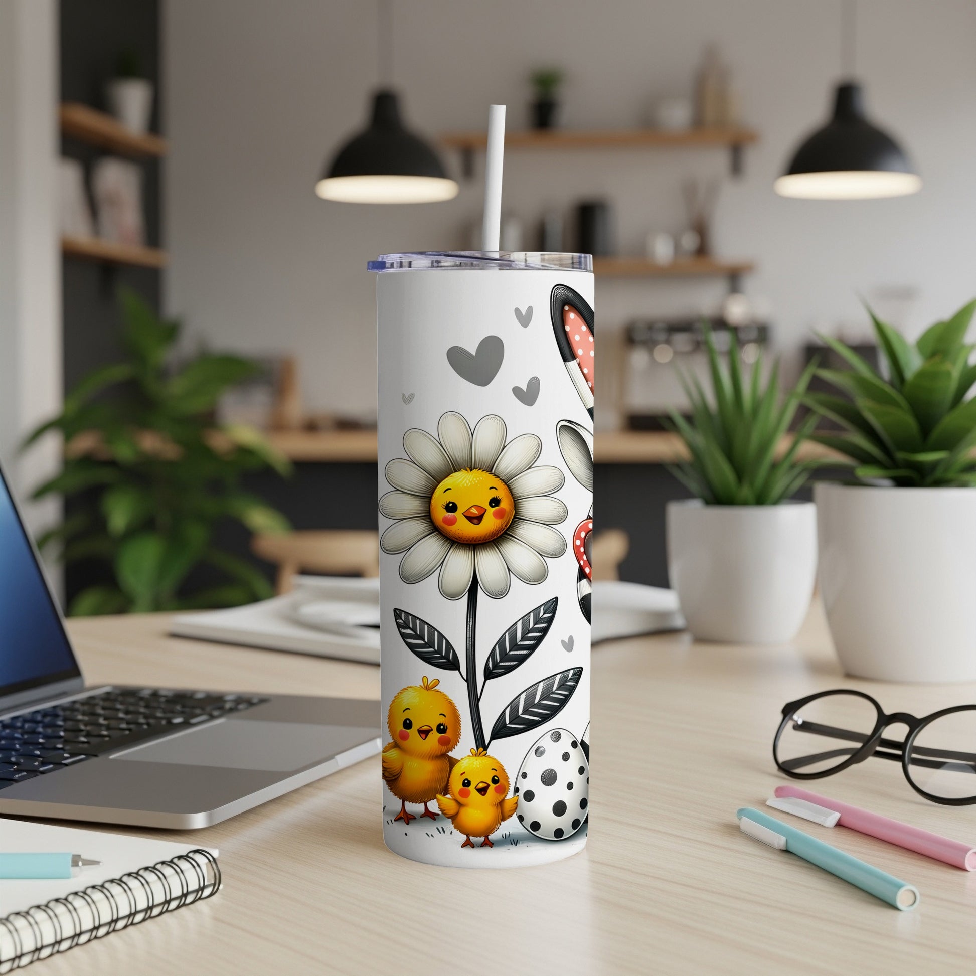 Easter tumbler with chicks, Easter egg, and daisy design.