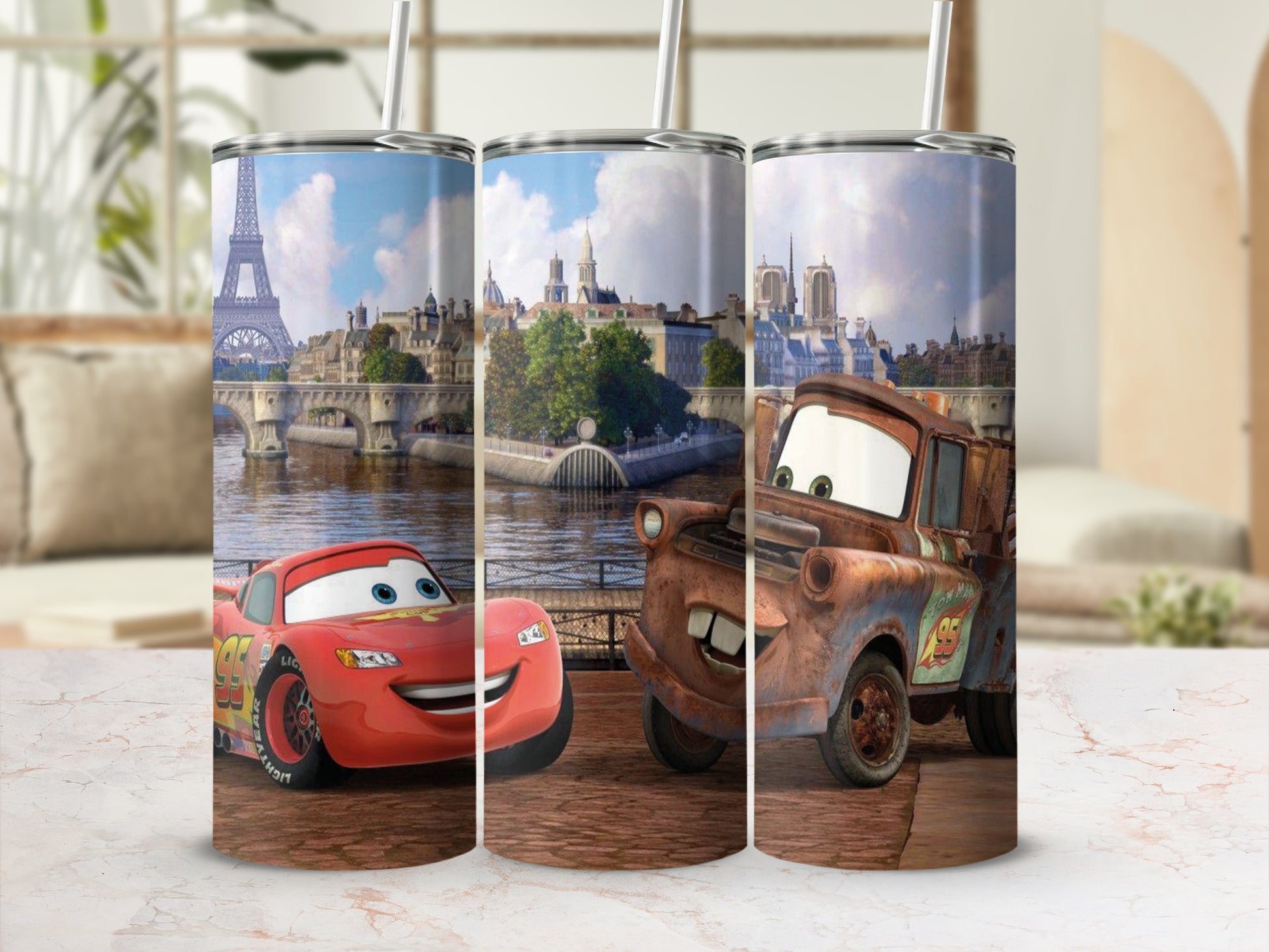 Cartoon Racing Cars and Eiffel Tower Tumbler