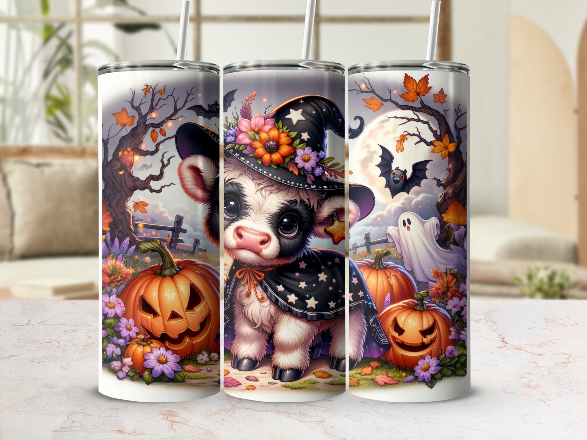 Cute Halloween cow with witch hat and pumpkins on tumblers.