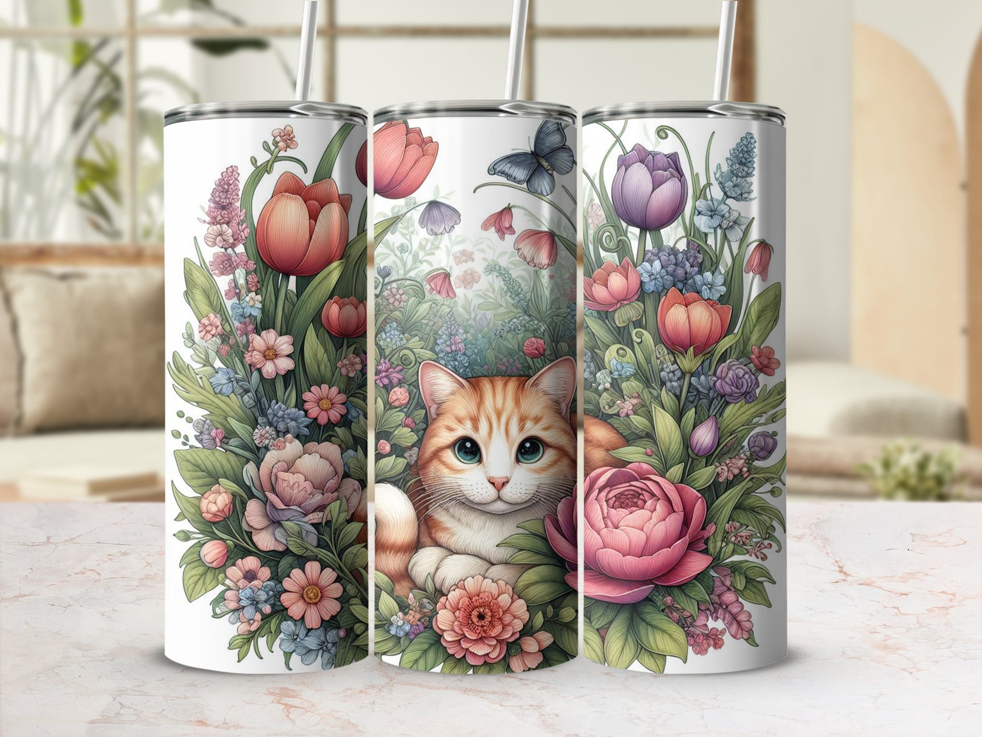 Orange tabby cat peeking through a floral bouquet with tulips and roses.