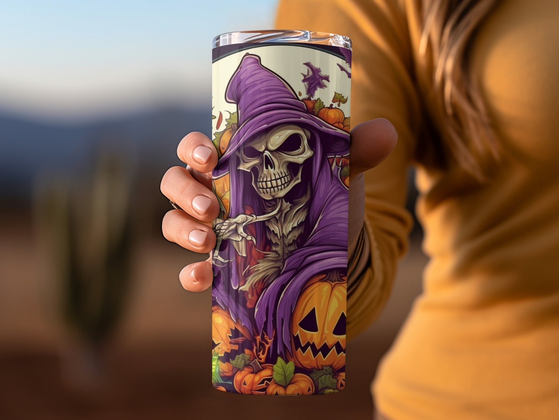 Halloween Skeleton Witch with Pumpkins Tumbler Cup