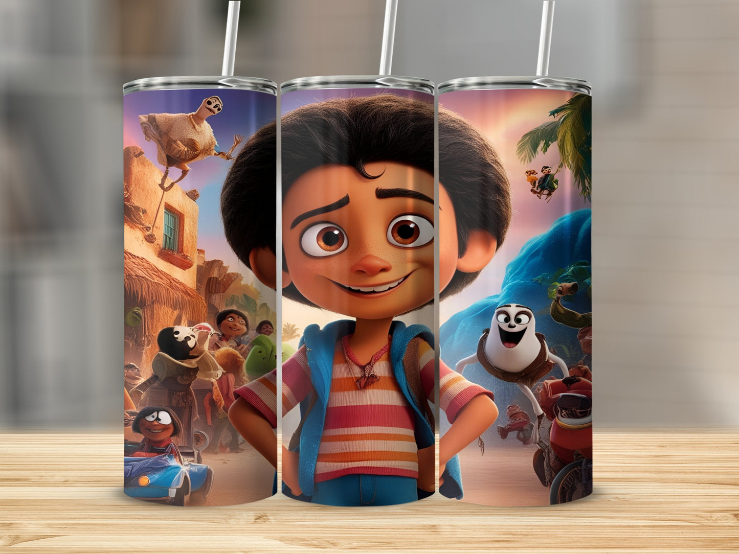 Animated boy with friends on colorful tumbler.