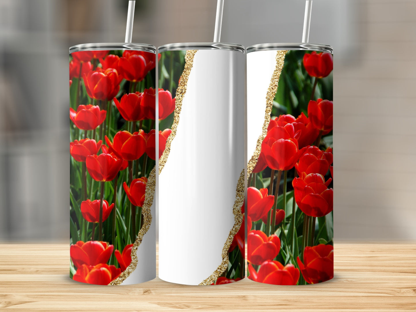 Three tumblers with red tulips and gold glitter accents.