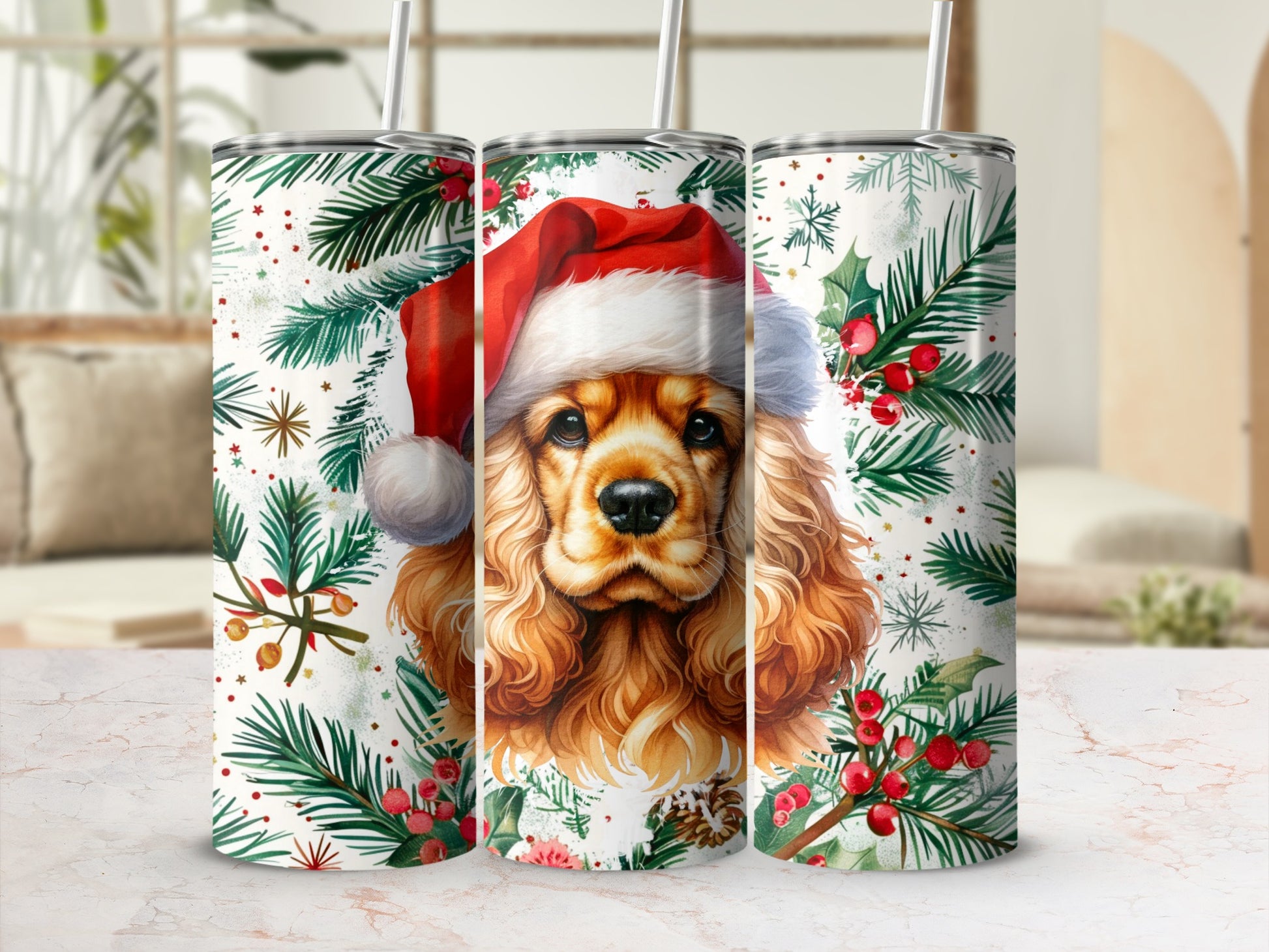 Christmas tumbler with spaniel wearing Santa hat and holly accents.