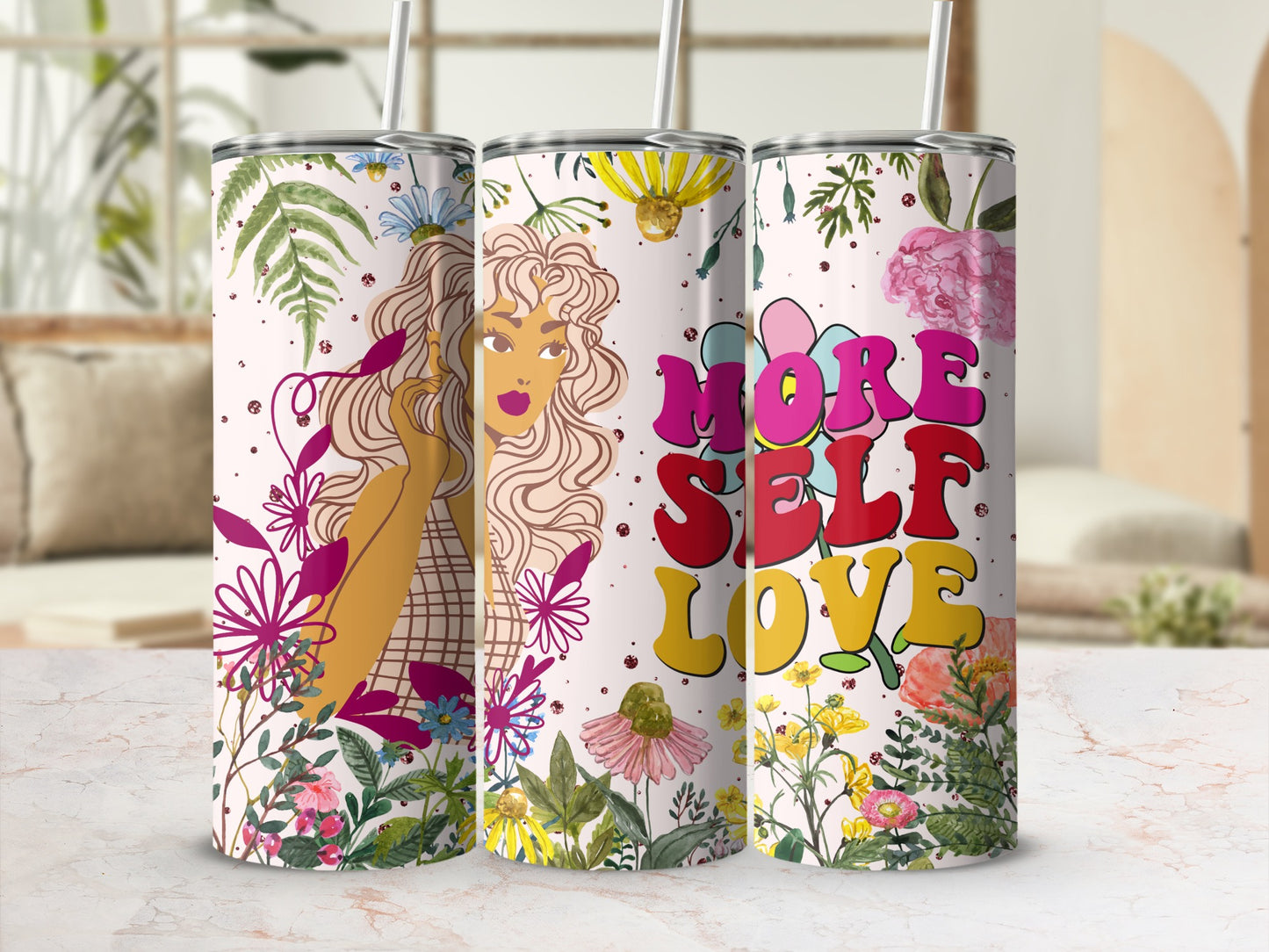 Vibrant 'More Self Love' Floral Art Design Tumbler