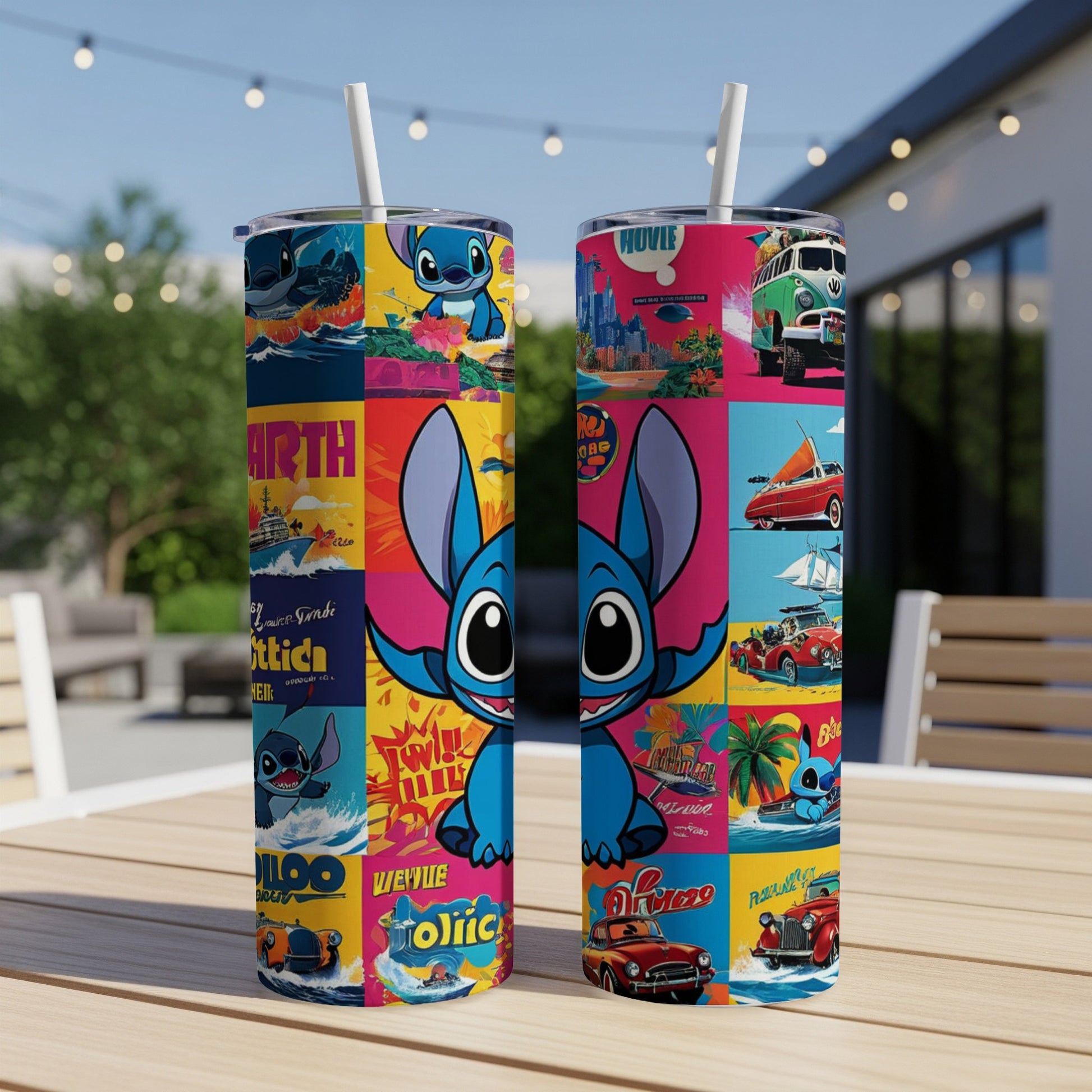 Disney Stitch collage tumbler with colorful comic book panels.