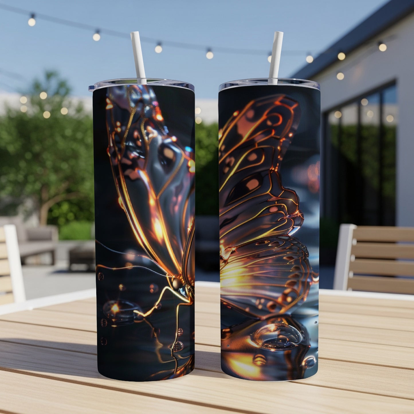 Two tall tumblers with a shiny, iridescent butterfly design.