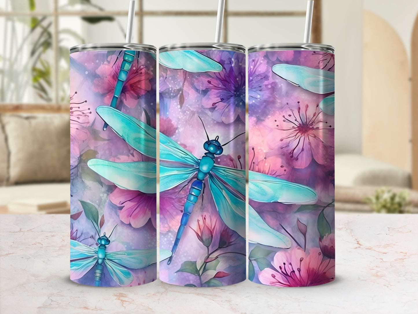 Colorful Dragonfly and Floral Tumbler Cup Design