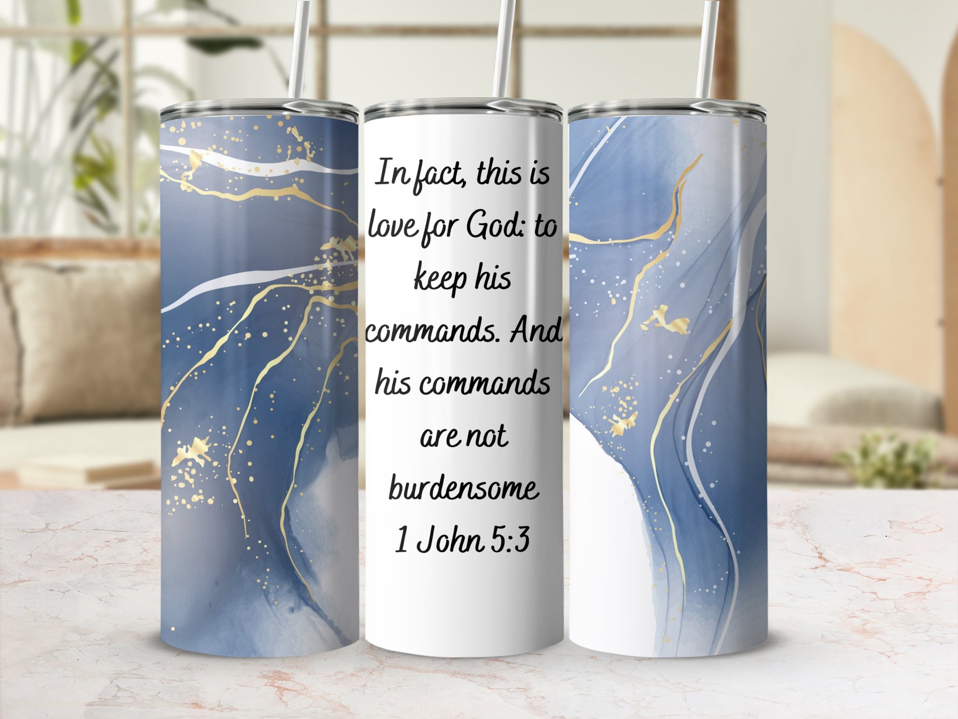 Christian Themed Blue Tumbler with Bible Verse Design