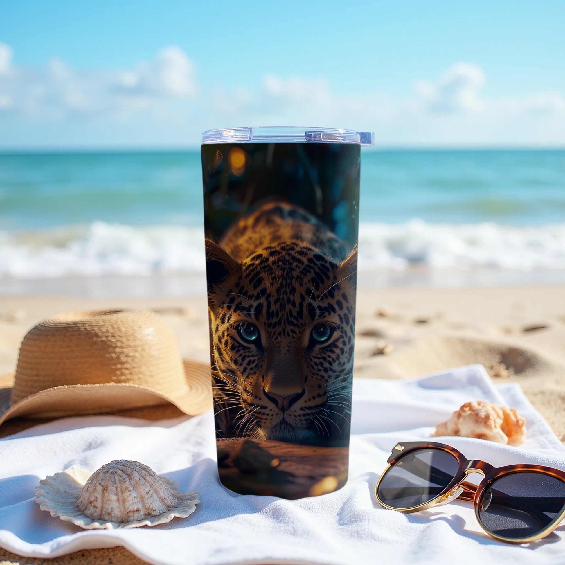 Majestic leopard intense blue eyes beach tumbler product type
