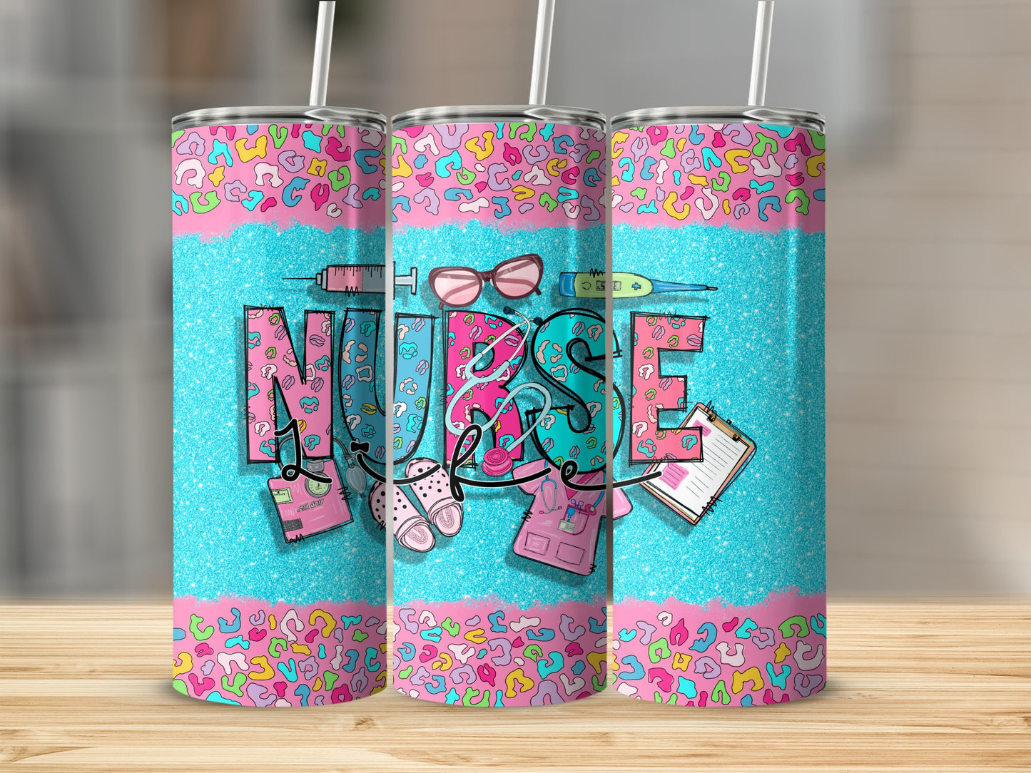 Tumbler with "Nurse" in colorful letters and medical icons.