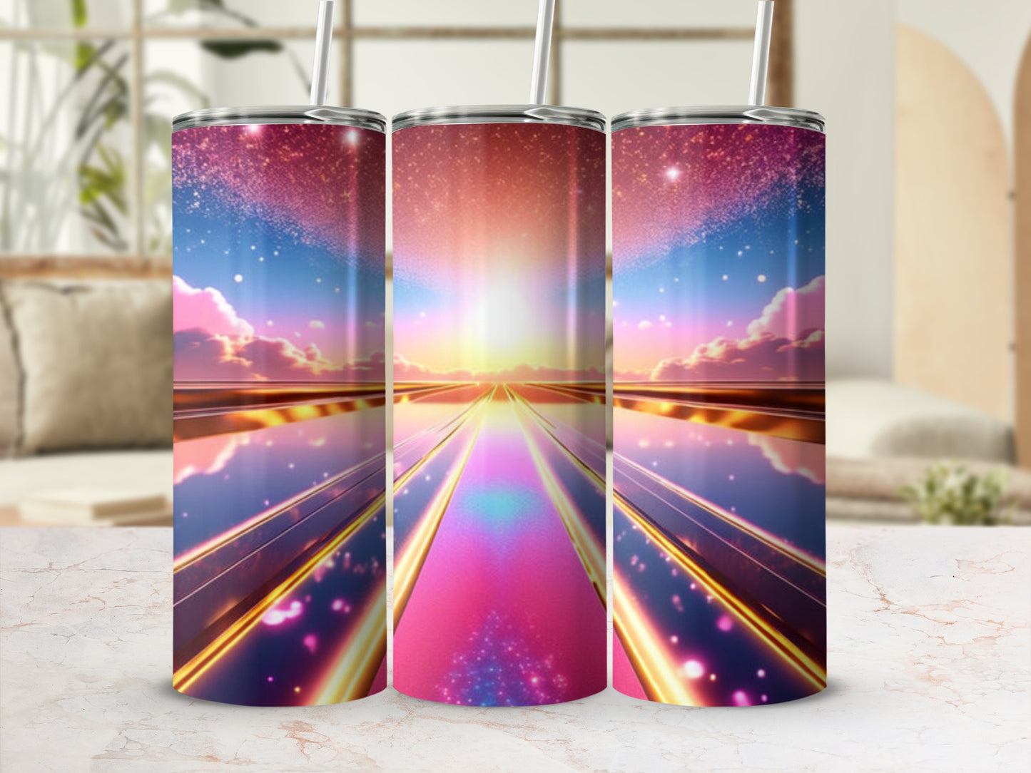 Cosmic sunset over reflective road, three tumblers shown.