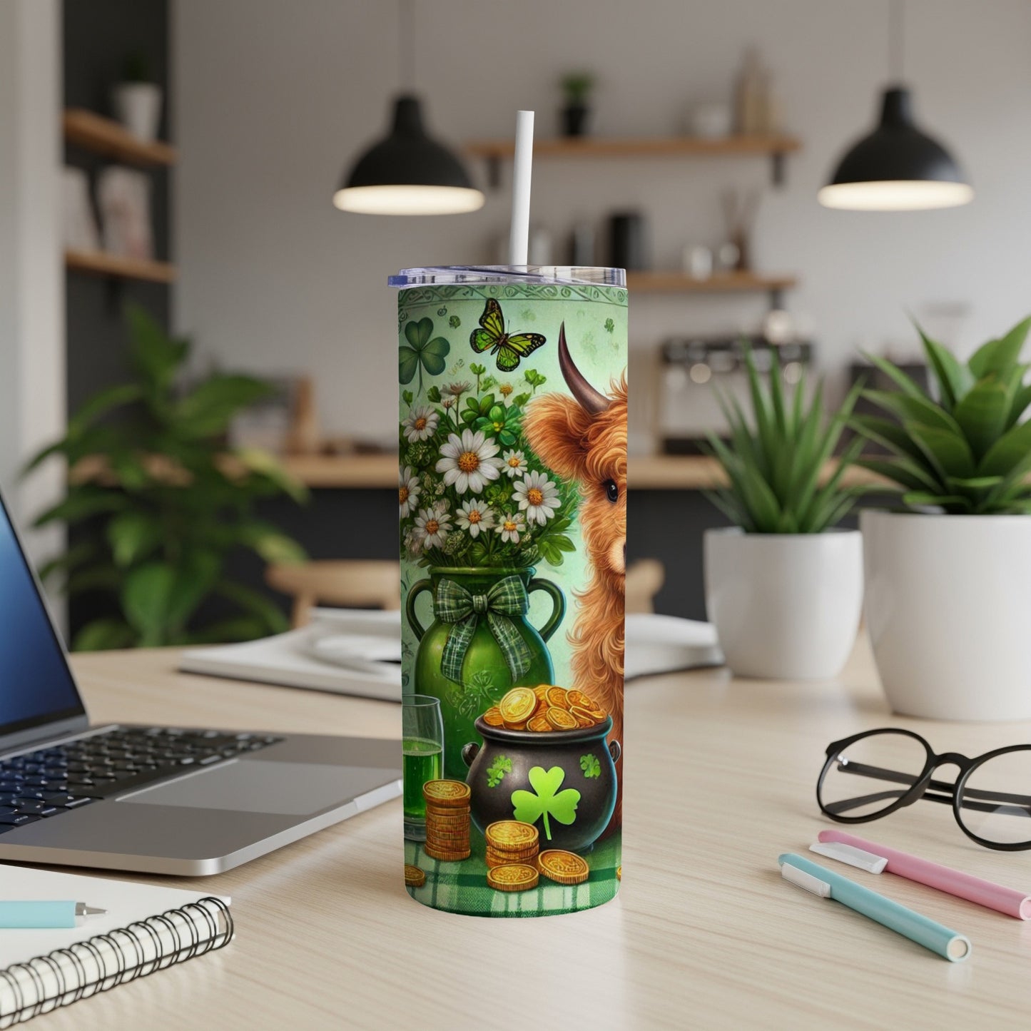 St. Patrick's Day tumbler with highland cow, shamrocks, and pot of gold.