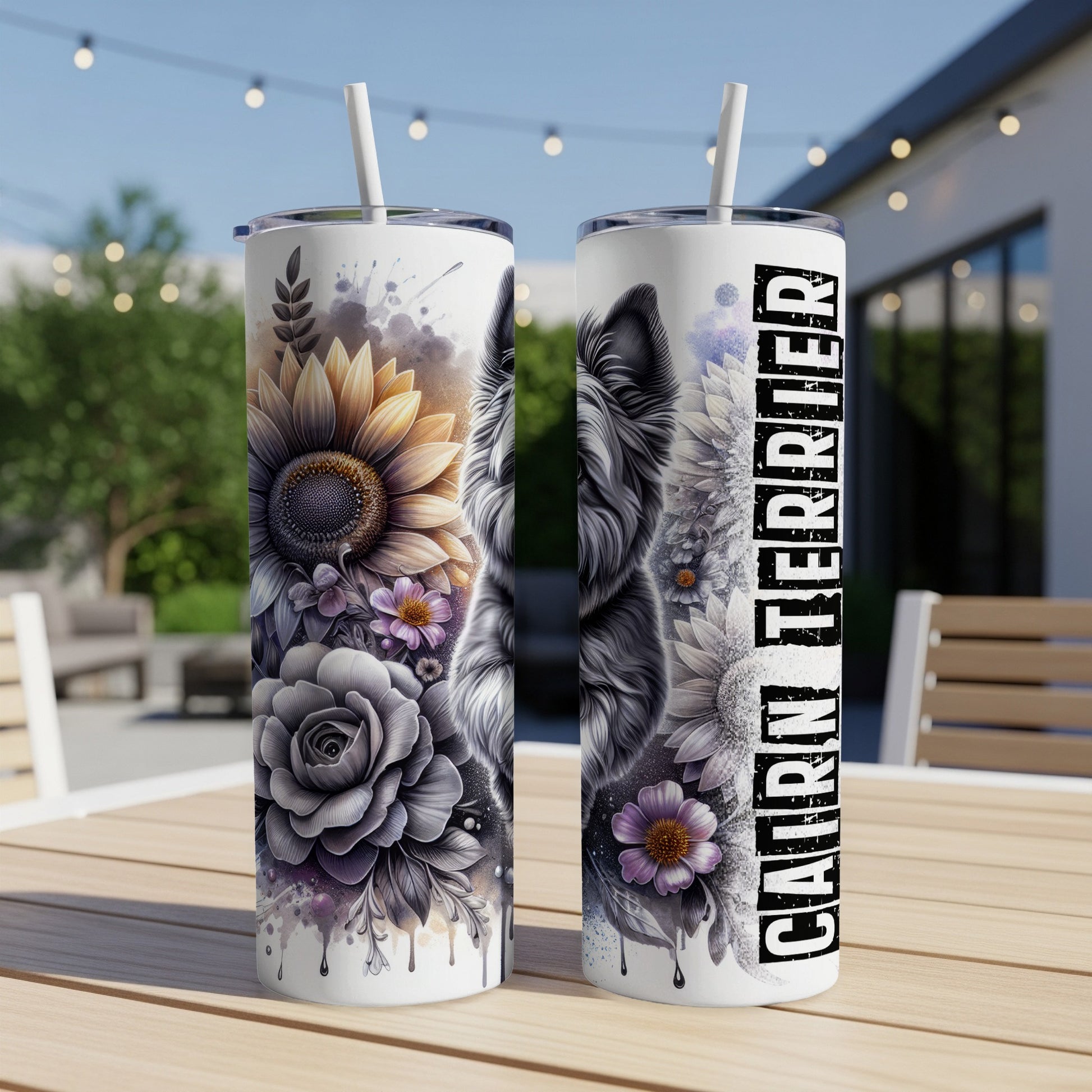 Two tumblers with a Cairn Terrier and floral design.