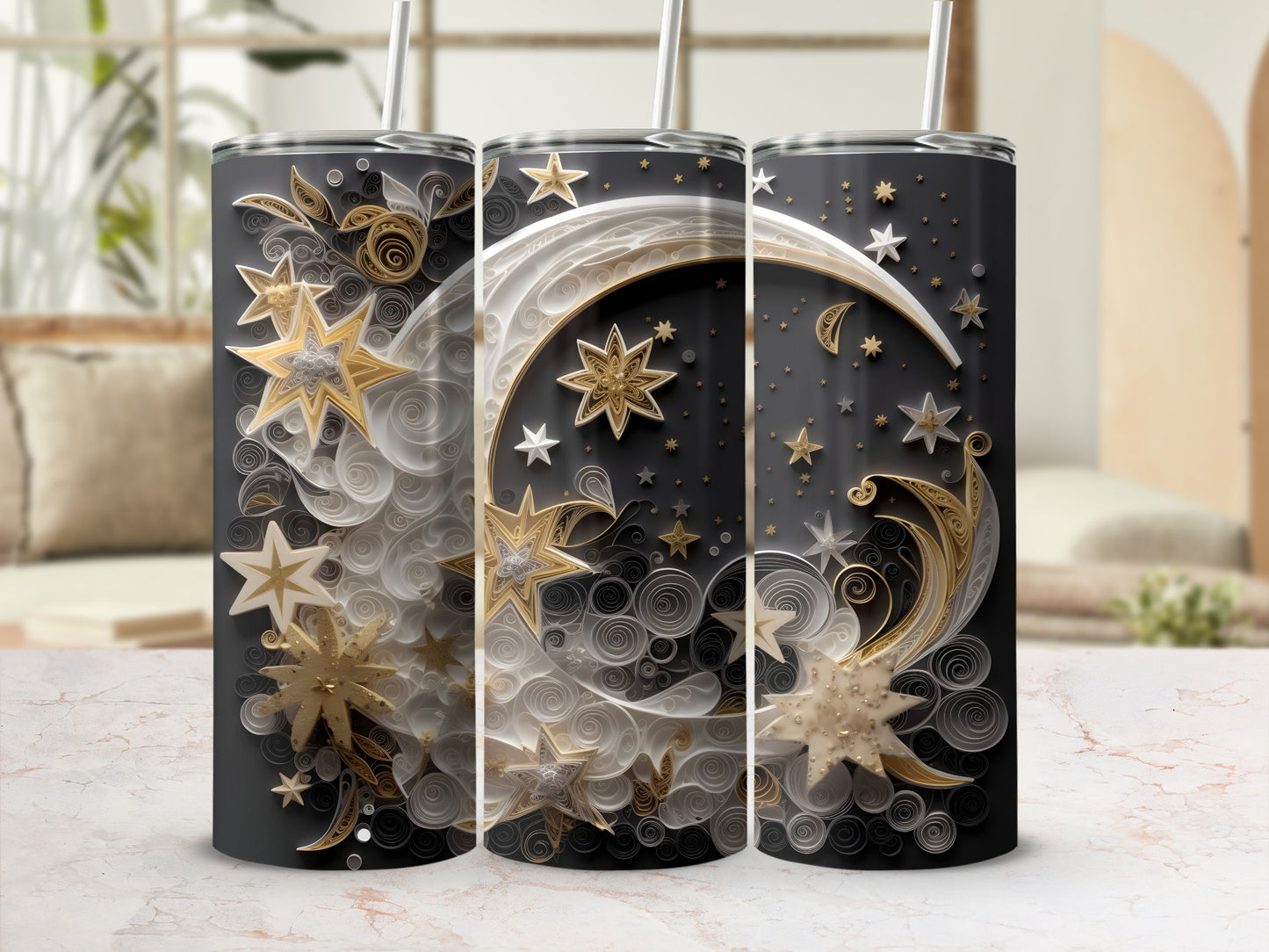 Black tumbler with celestial moon and star pattern.