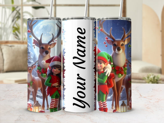 Personalized Christmas Elf and Reindeer Tumbler Cup