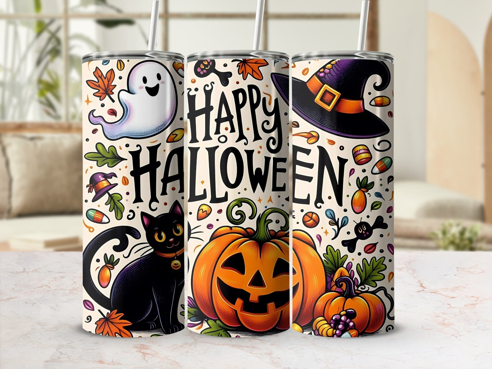 Happy Halloween Ghost Witch and Pumpkin Tumblers