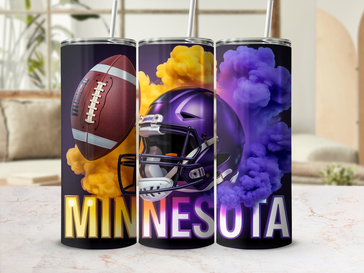 Tumbler with Vikings helmet, football, and "MINNESOTA" text.