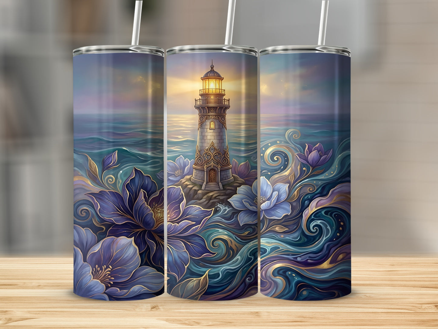 Three tumblers with a lighthouse and floral wave design.