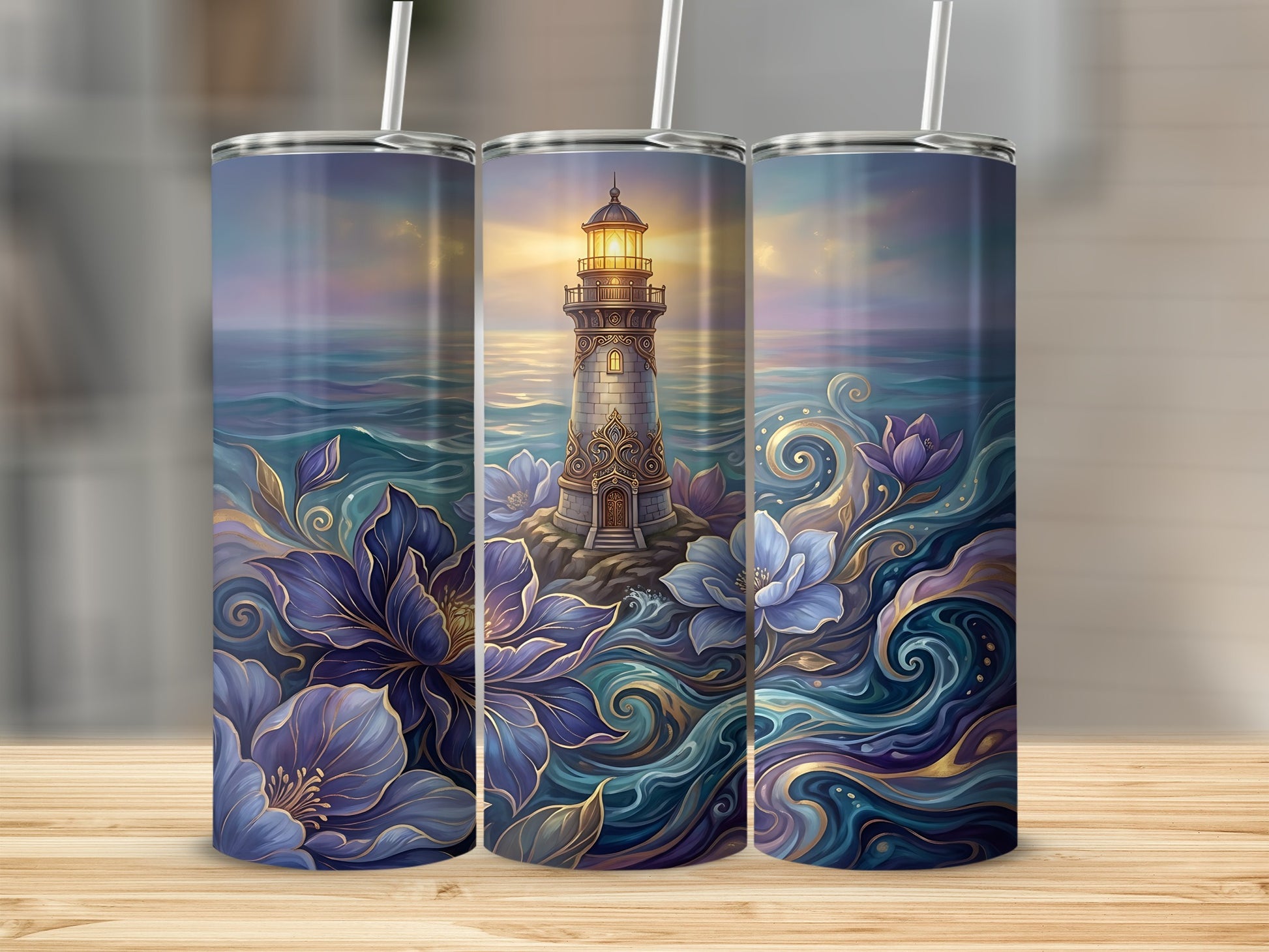 Three tumblers with a lighthouse and floral wave design.