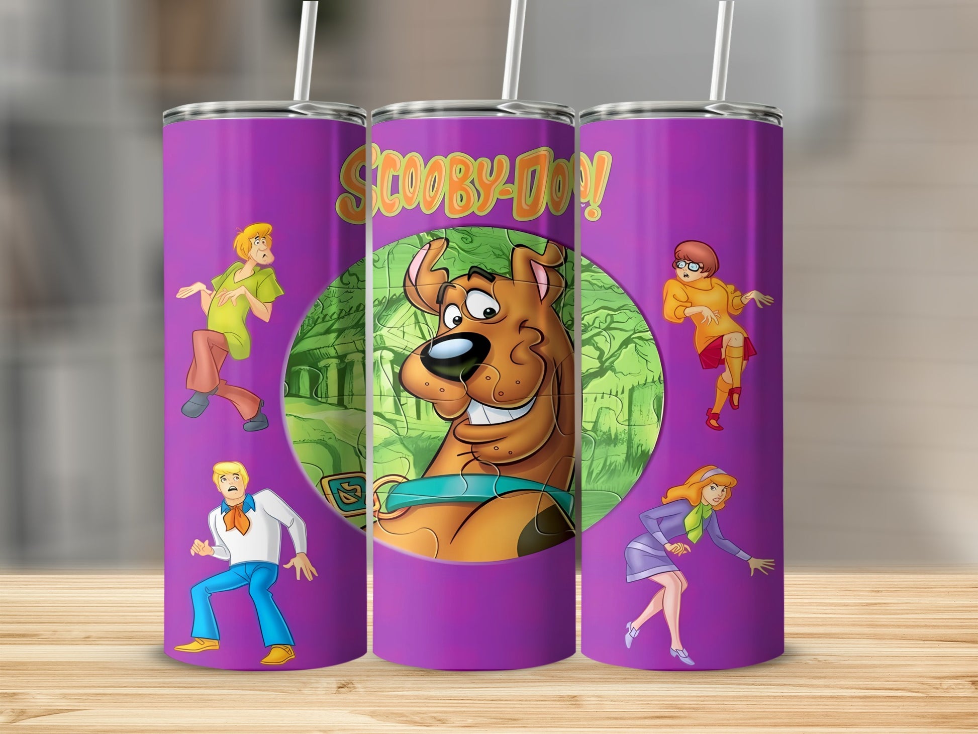 Scooby-Doo characters on a purple tumbler with Scooby-Doo logo.