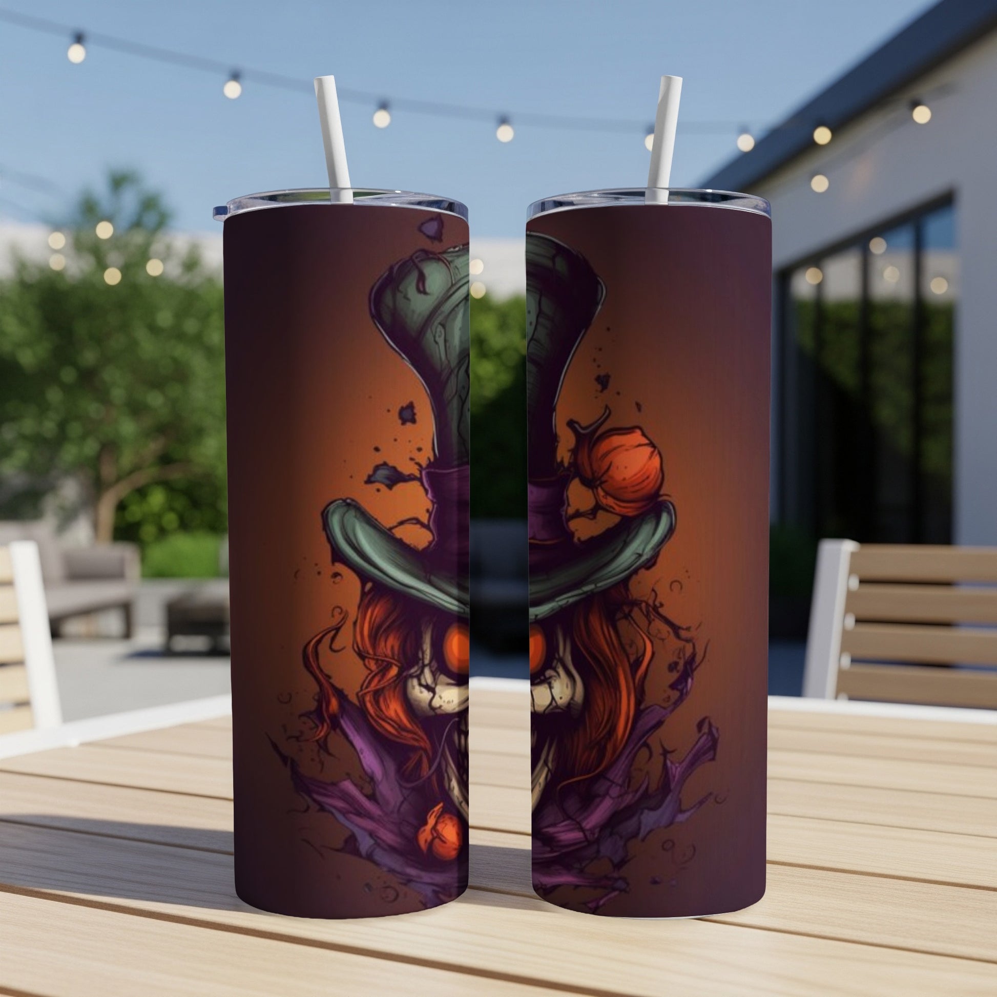 Two tumblers with a spooky Halloween character design featuring a hat and pumpkin.
