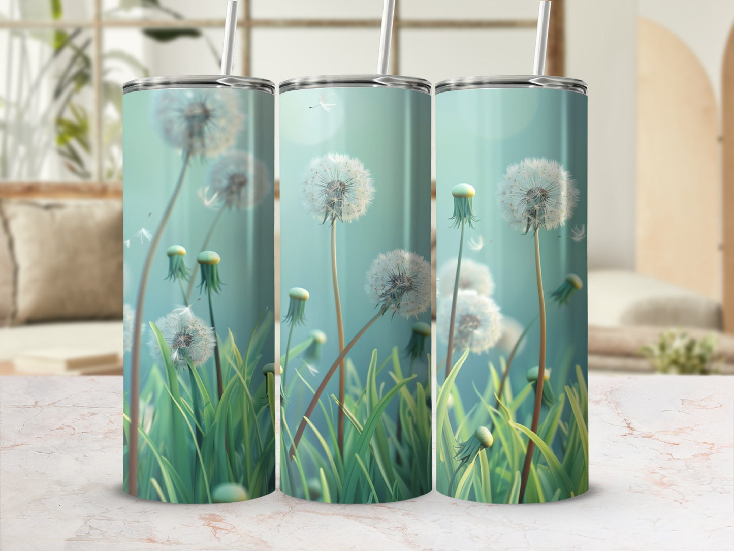 Dandelion seed heads and stalks on a light blue background.