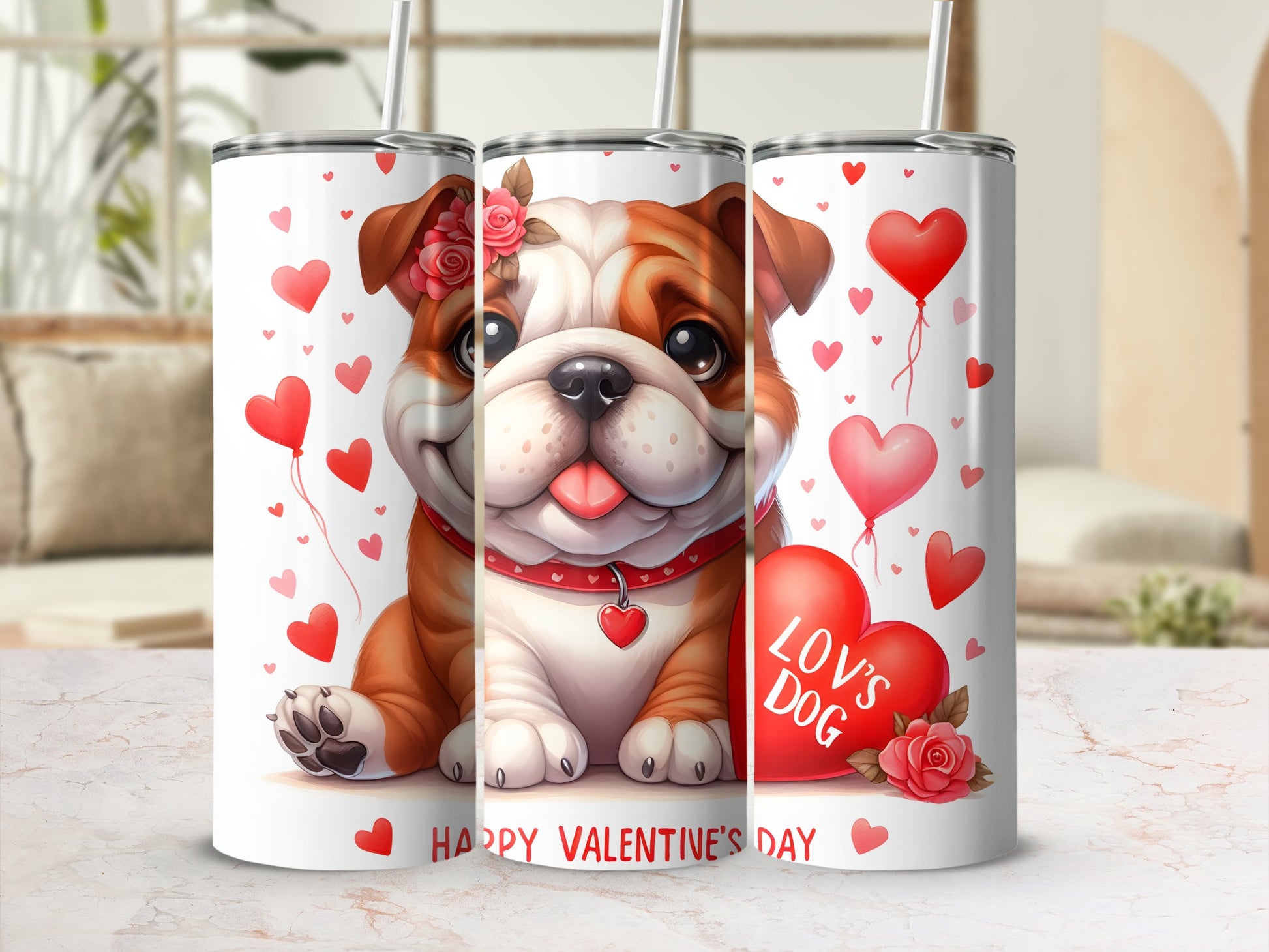 Bulldog with heart necklace and "Happy Valentine's Day" text on tumbler.