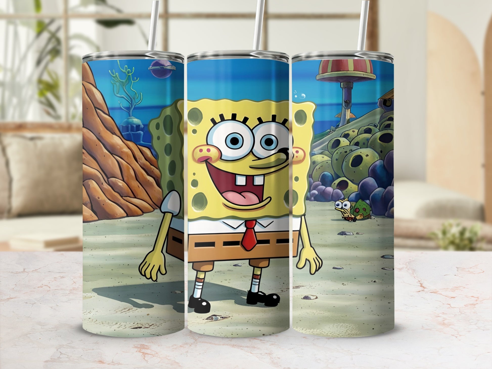 SpongeBob SquarePants character on a sandy seabed with coral and sea creatures.